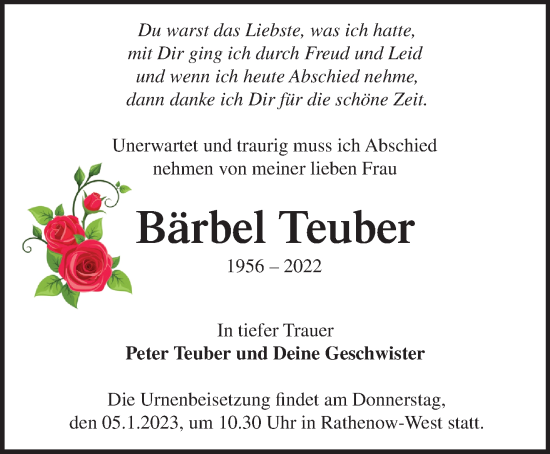 Traueranzeigen von Bärbel Teuber Märkische Onlinezeitung Trauerportal