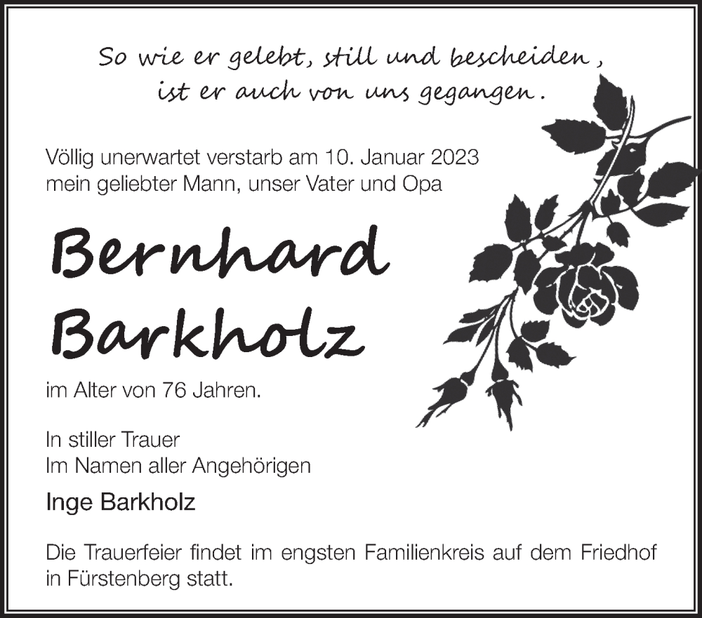 Traueranzeigen Von Bernhard Barkholz M Rkische Onlinezeitung Trauerportal