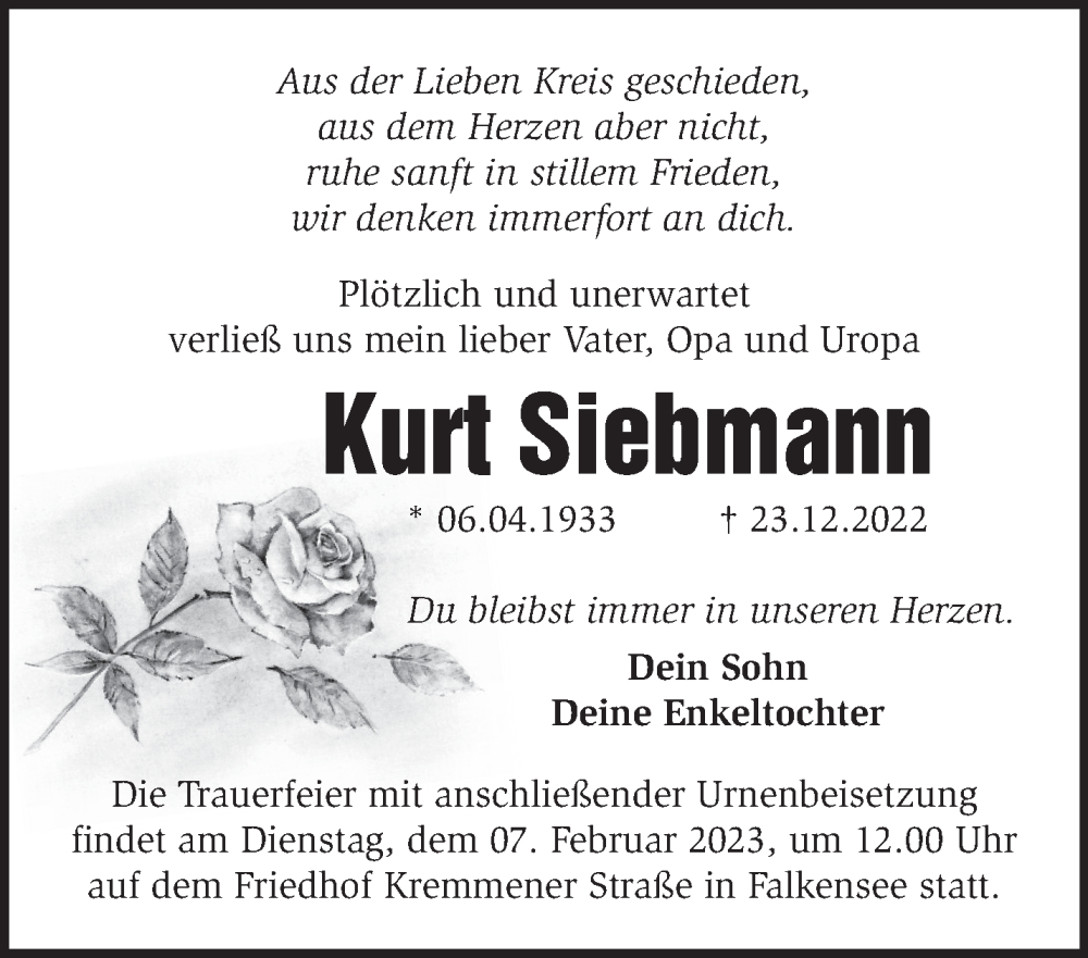 Traueranzeigen von Kurt Siebmann Märkische Onlinezeitung Trauerportal