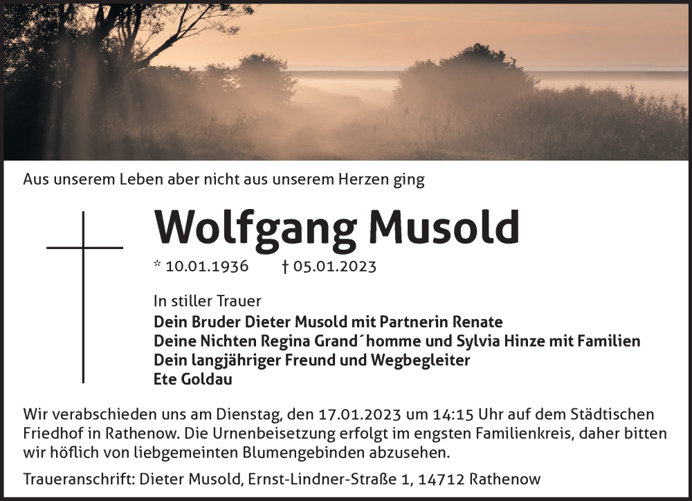 Traueranzeigen Von Wolfgang Musold M Rkische Onlinezeitung Trauerportal