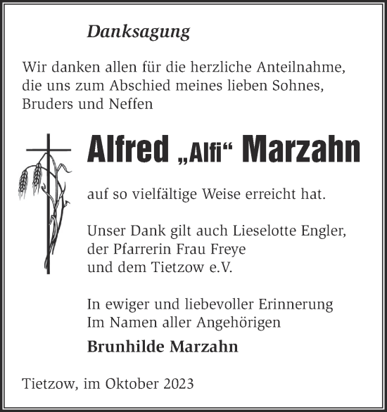 Traueranzeige von Alfred  Marzahn von Märkische Oderzeitung