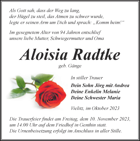 Traueranzeige von Aloisia Radtke von Märkische Oderzeitung