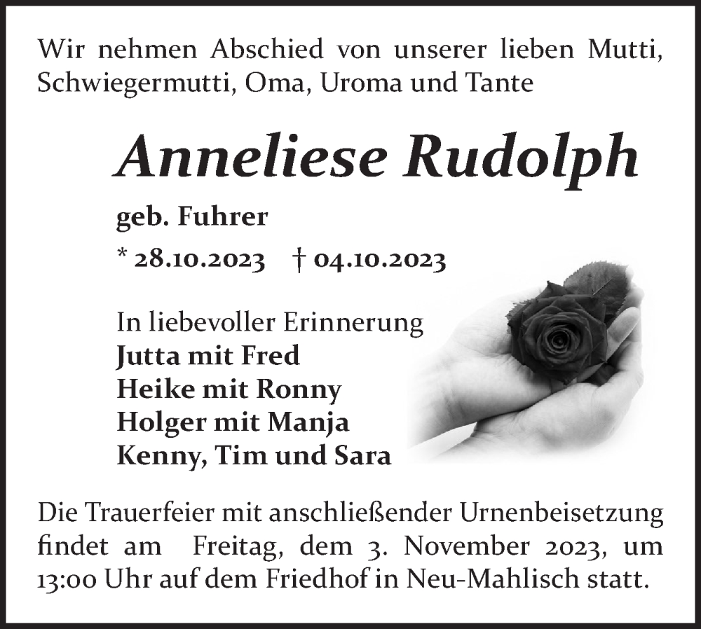 Traueranzeigen Von Anneliese Rudolph M Rkische Onlinezeitung Trauerportal