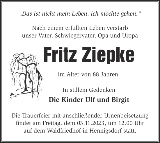 Traueranzeige von Fritz Ziepke von Märkische Oderzeitung