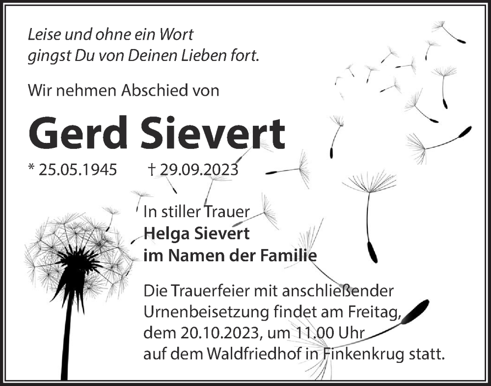 Traueranzeigen Von Gerd Sievert M Rkische Onlinezeitung Trauerportal