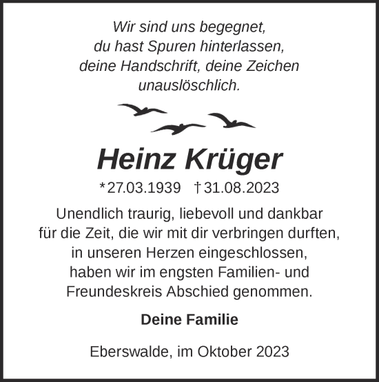 Traueranzeigen von Heinz Krüger Märkische Onlinezeitung Trauerportal