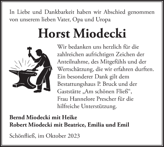 Traueranzeige von Horst Miodecki von Märkische Oderzeitung