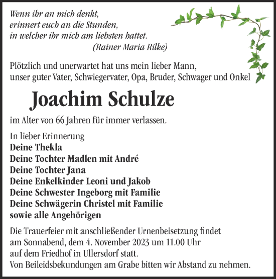 Traueranzeige von Joachim Schulze von Märkische Oderzeitung
