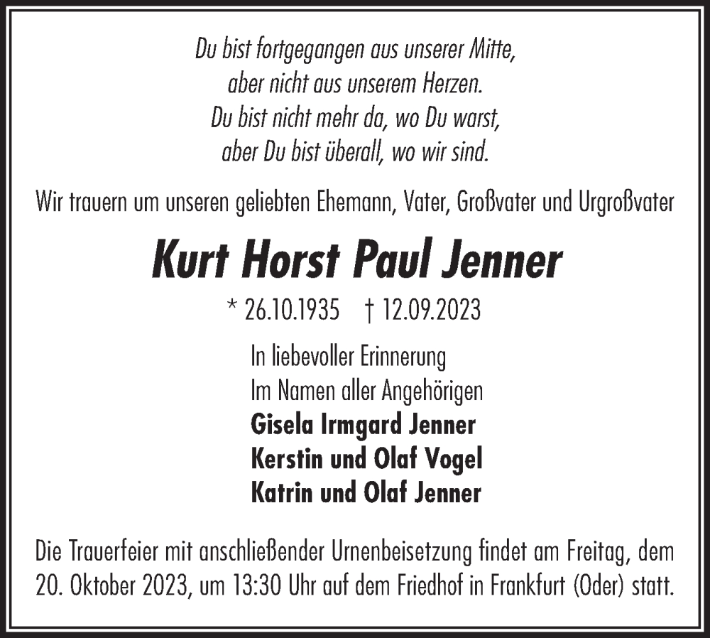 Traueranzeigen von Kurt Horst Paul Jenner Märkische Onlinezeitung