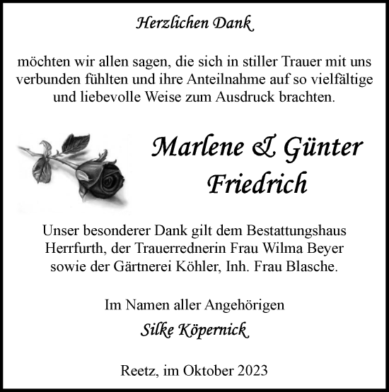 Traueranzeige von Marlene und Günter Friedrich von Märkische Oderzeitung
