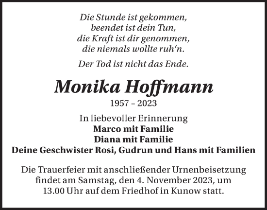 Traueranzeige von Monika Hoffmann von Märkische Oderzeitung