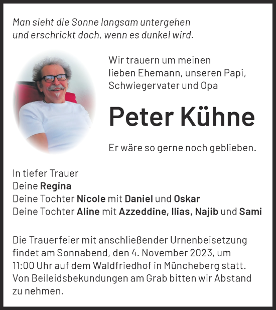 Traueranzeigen von Peter Kühne Märkische Onlinezeitung Trauerportal