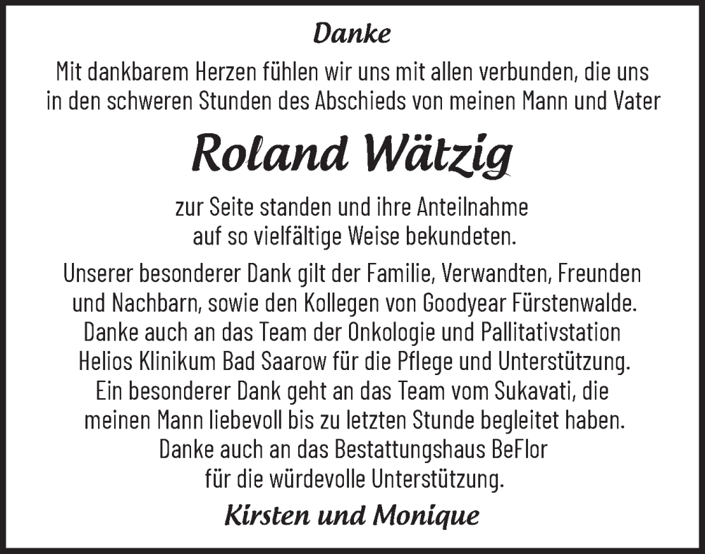 Traueranzeigen von Roland Wätzig Märkische Onlinezeitung Trauerportal