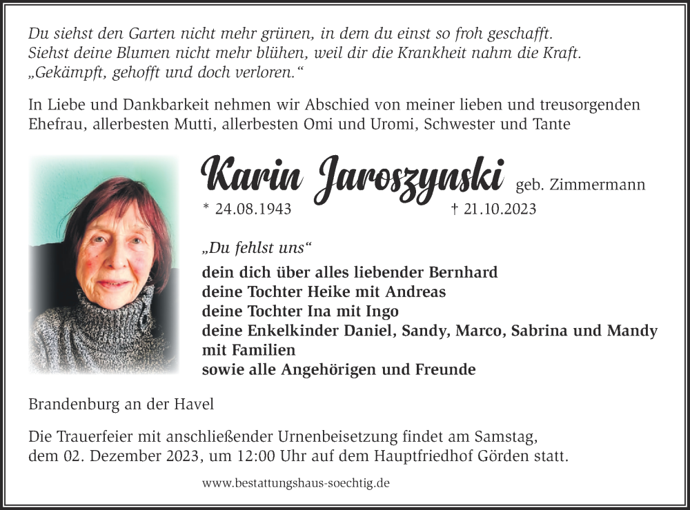 Traueranzeigen von Karin Jaroszynski Märkische Onlinezeitung Trauerportal