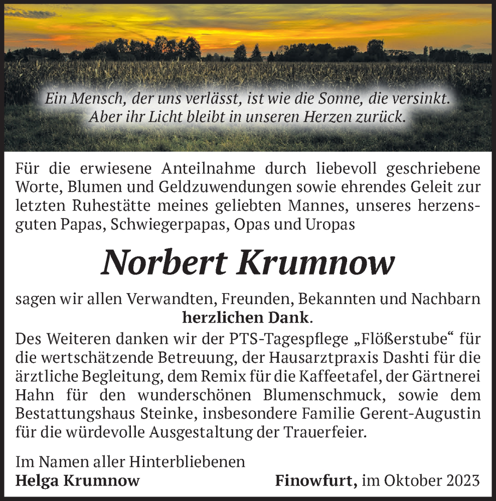 Traueranzeigen Von Norbert Krumnow M Rkische Onlinezeitung Trauerportal