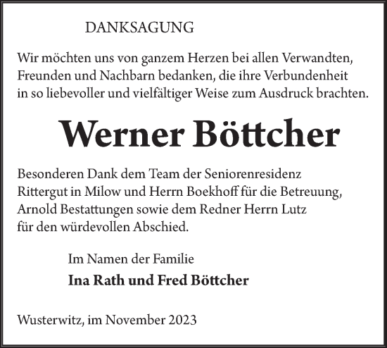 Traueranzeigen von Werner Böttcher Märkische Onlinezeitung Trauerportal