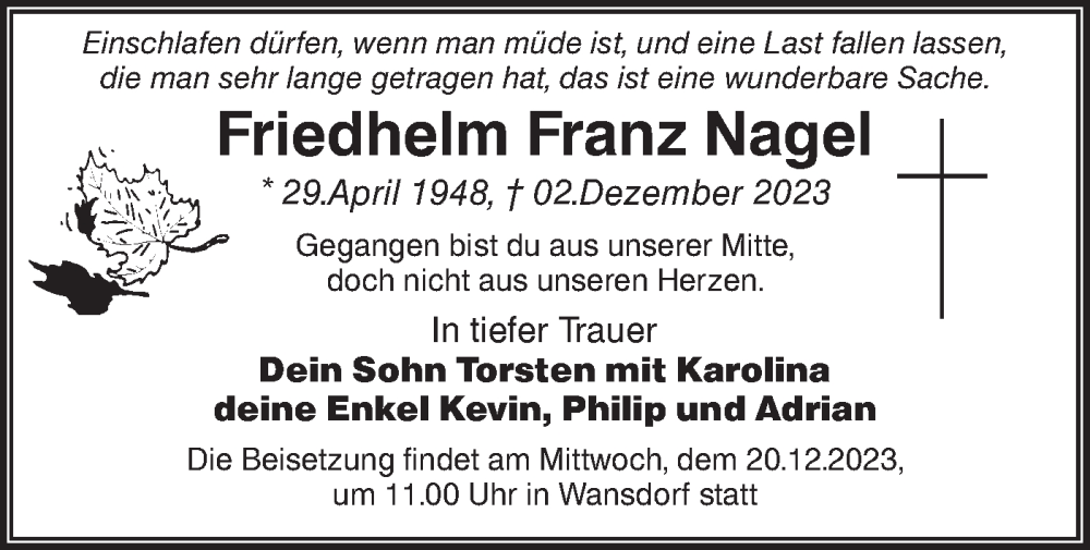 Traueranzeigen von Friedhelm Franz Nagel Märkische Onlinezeitung