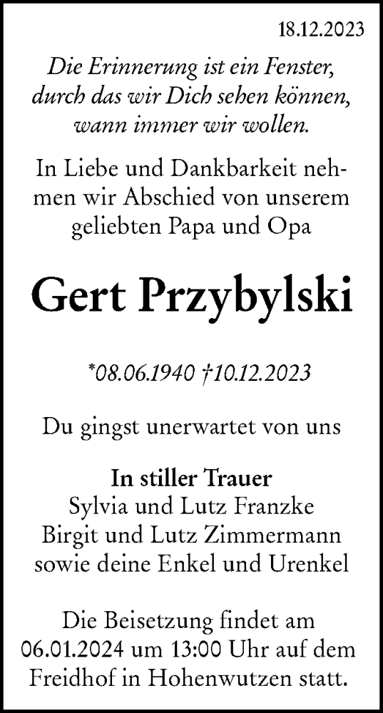 Traueranzeigen von Gert Przybylski Märkische Onlinezeitung Trauerportal