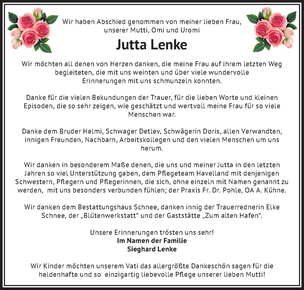 Traueranzeigen Von Jutta Lenke M Rkische Onlinezeitung Trauerportal