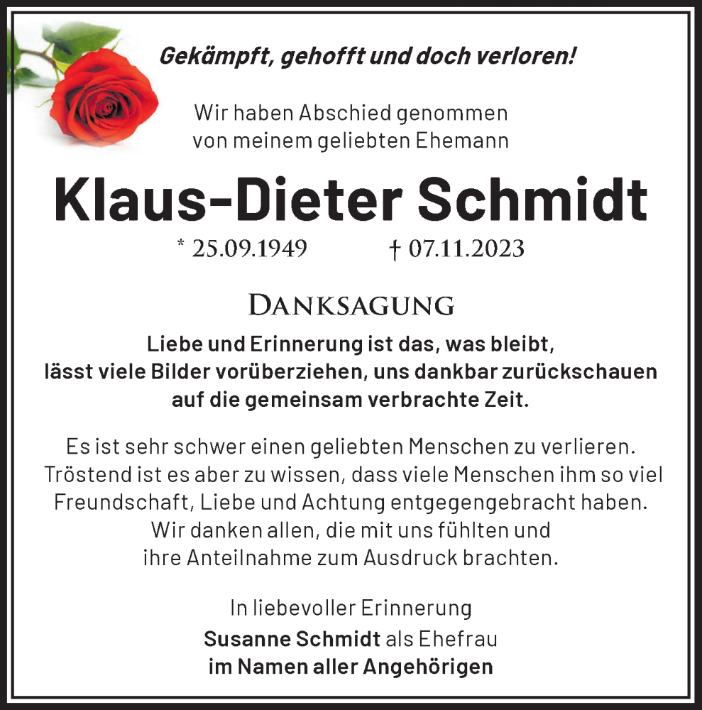 Traueranzeigen von Klaus Dieter Schmidt Märkische Onlinezeitung