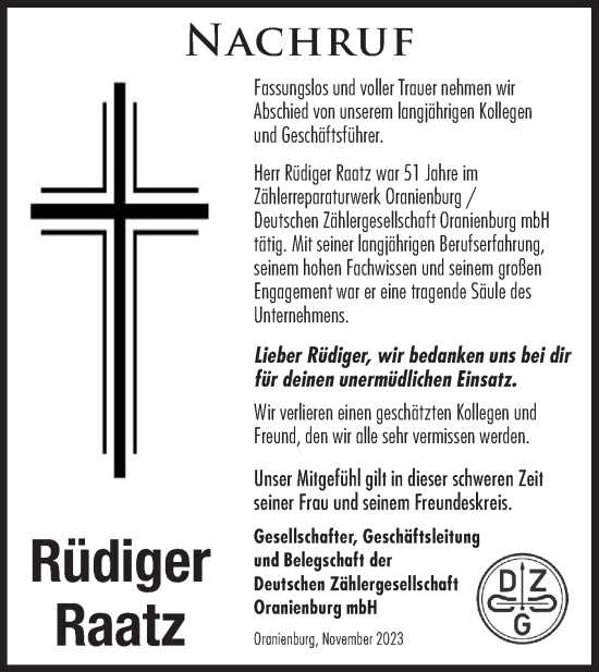 Traueranzeige von Rüdiger Raatz von Märkische Oderzeitung