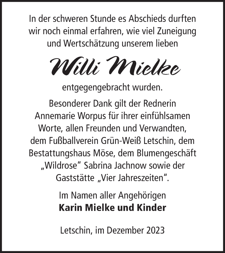 Traueranzeigen von Willi Mielke Märkische Onlinezeitung Trauerportal