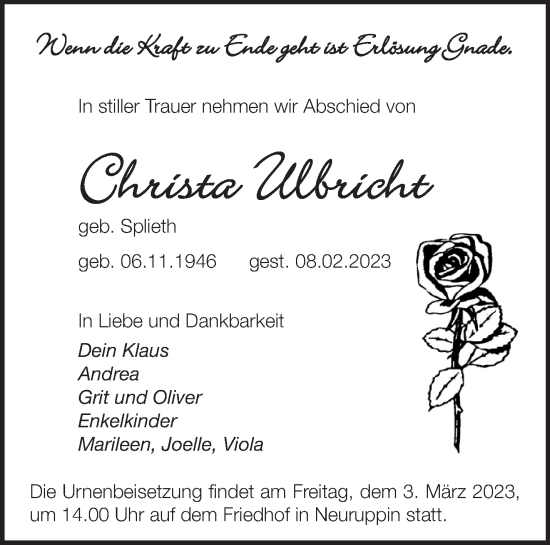 Traueranzeigen von Christa Ulbricht Märkische Onlinezeitung Trauerportal