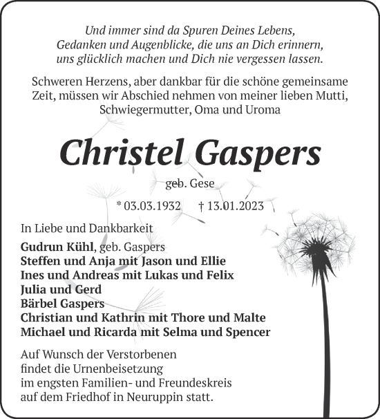 Traueranzeigen Von Christel Gaspers M Rkische Onlinezeitung Trauerportal