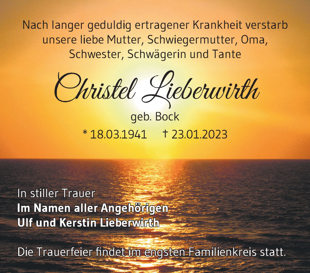 Traueranzeigen Von Christel Lieberwirth M Rkische Onlinezeitung