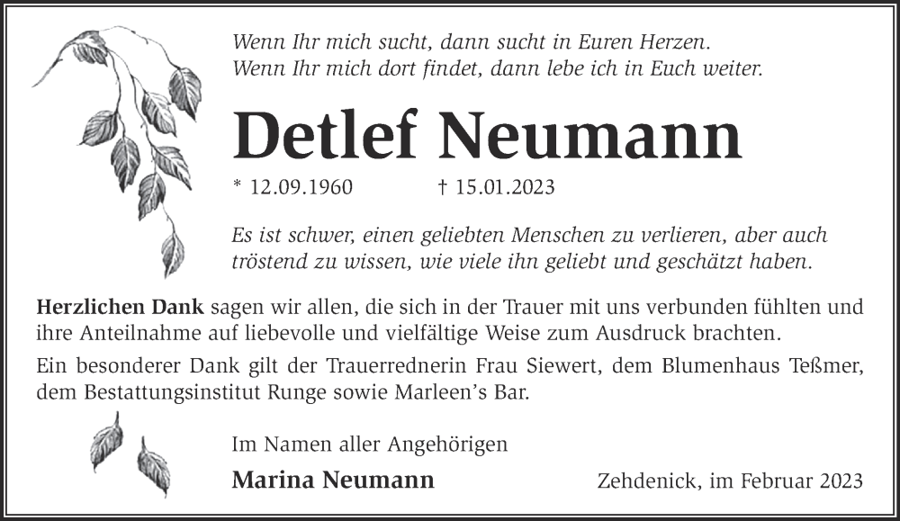 Traueranzeigen von Detlef Neumann Märkische Onlinezeitung Trauerportal