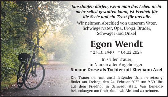 Traueranzeigen Von Egon Wendt M Rkische Onlinezeitung Trauerportal