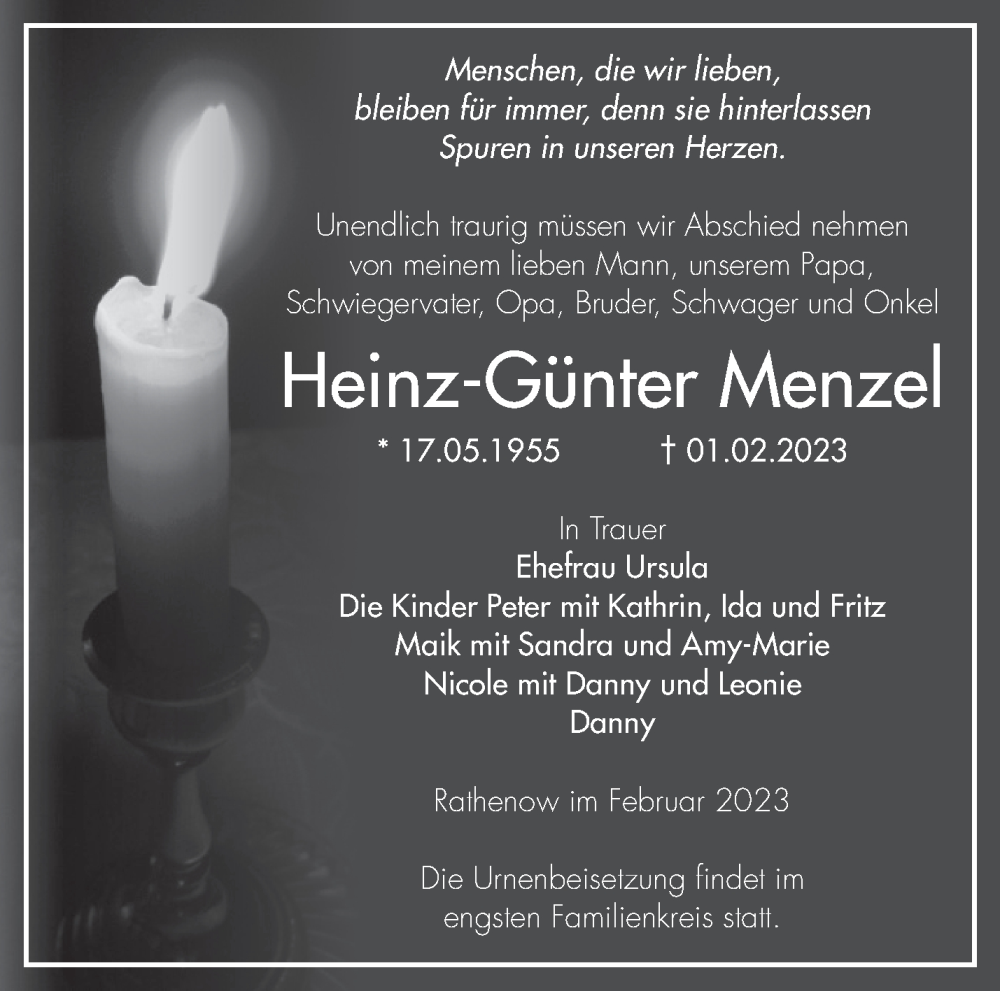 Traueranzeigen Von Heinz G Nter Menzel M Rkische Onlinezeitung