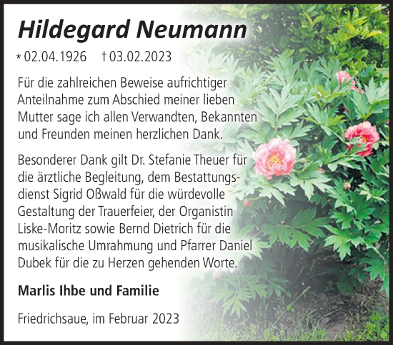 Traueranzeigen von Hildegard Neumann Märkische Onlinezeitung Trauerportal