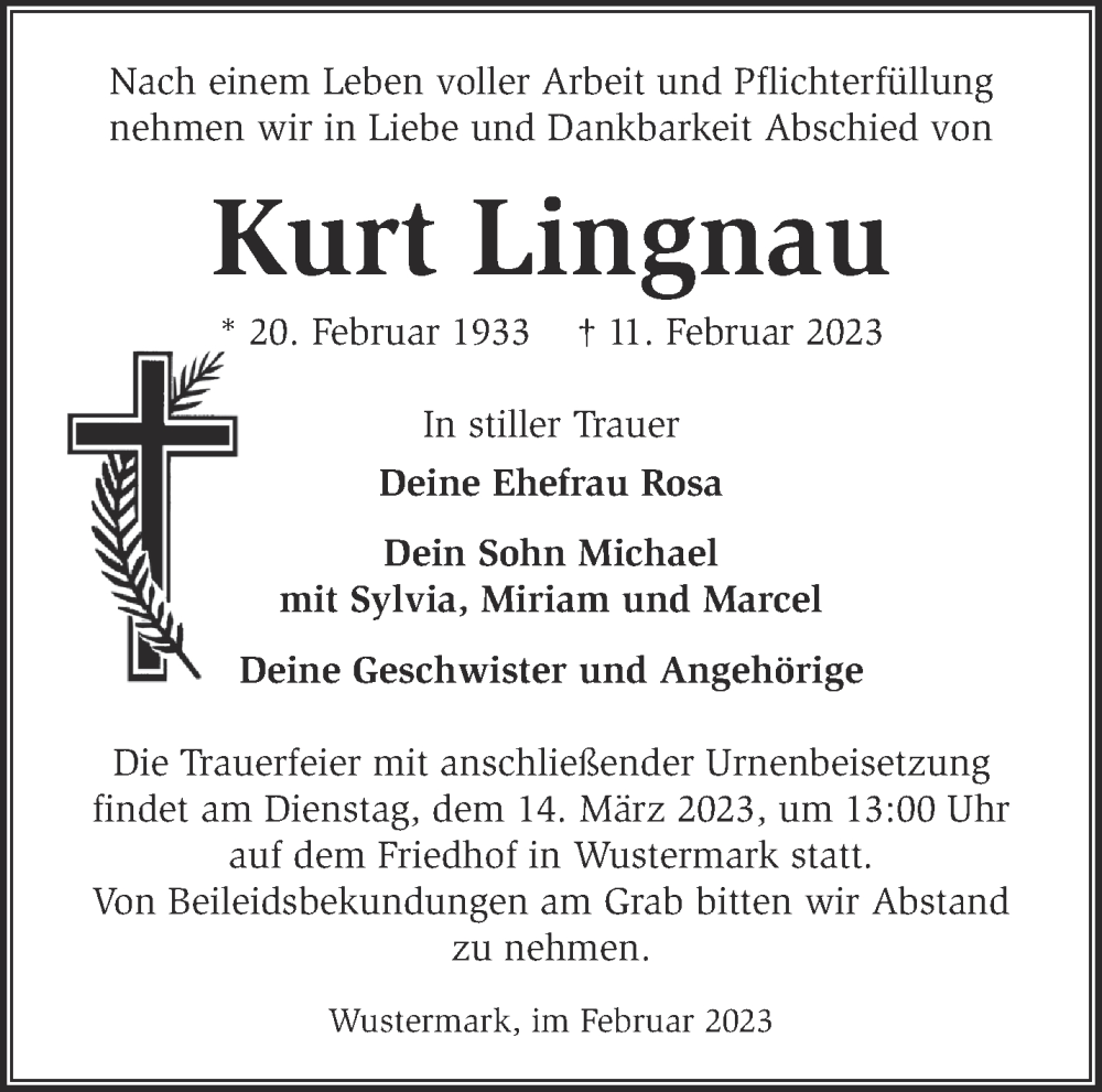 Traueranzeigen Von Kurt Lingnau M Rkische Onlinezeitung Trauerportal