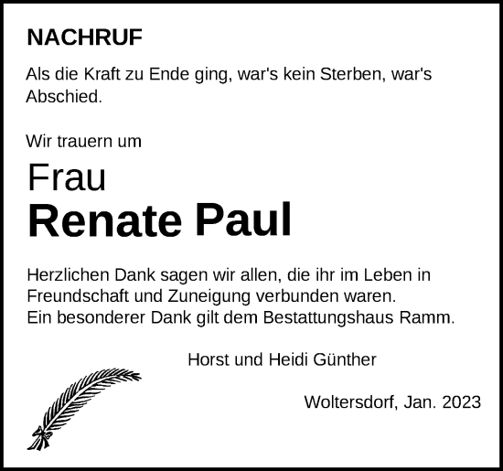 Traueranzeigen Von Renate Paul M Rkische Onlinezeitung Trauerportal