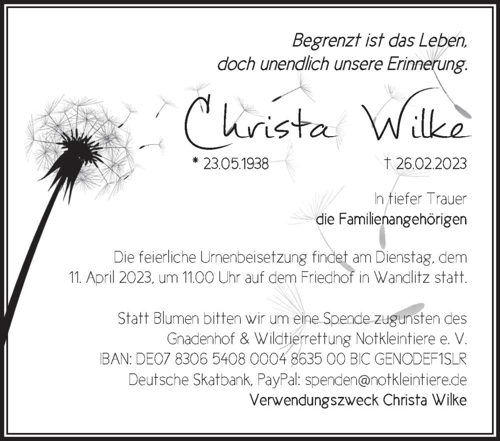 Traueranzeigen von Christa Wilke Märkische Onlinezeitung Trauerportal