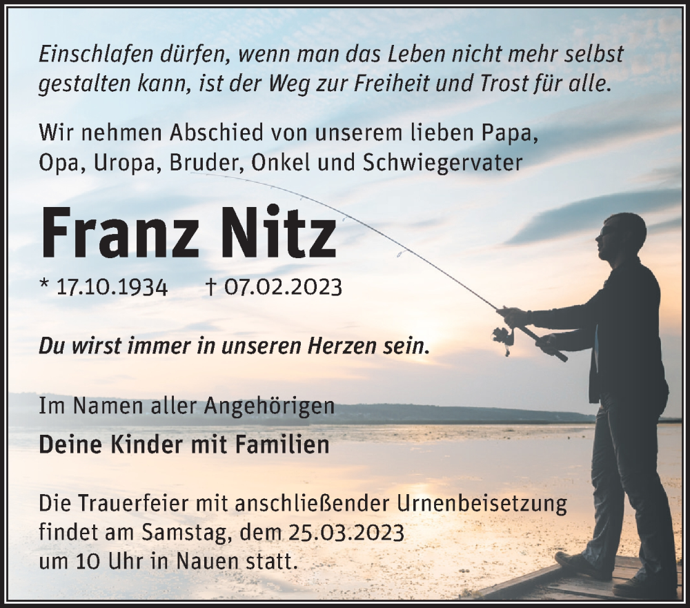 Traueranzeigen von Franz Nitz Märkische Onlinezeitung Trauerportal