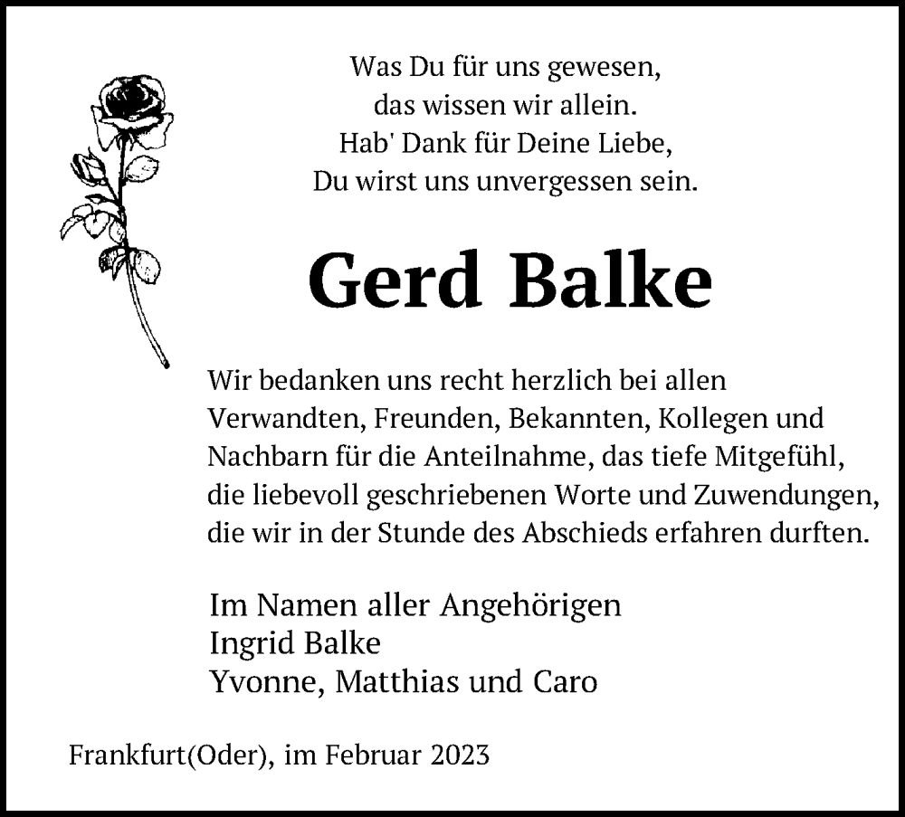 Traueranzeigen von Gerd Balke Märkische Onlinezeitung Trauerportal