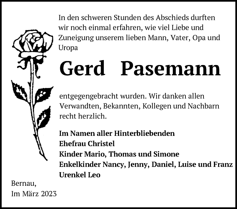 Traueranzeigen von Gerd Pasemann Märkische Onlinezeitung Trauerportal