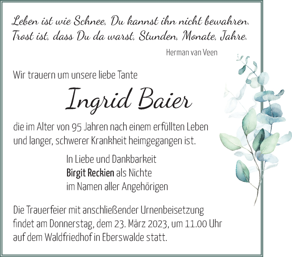 Traueranzeigen Von Ingrid Baier M Rkische Onlinezeitung Trauerportal