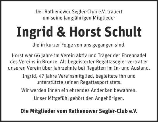 Traueranzeigen von Ingrid und Horst Schult Märkische Onlinezeitung