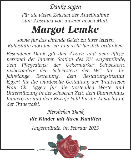 Traueranzeigen Von Margot Lemke M Rkische Onlinezeitung Trauerportal