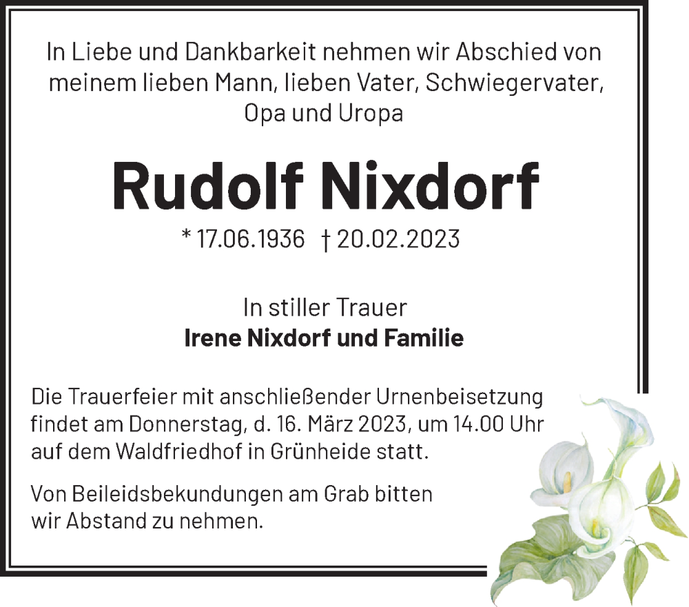 Traueranzeigen Von Rudolf Nixdorf M Rkische Onlinezeitung Trauerportal