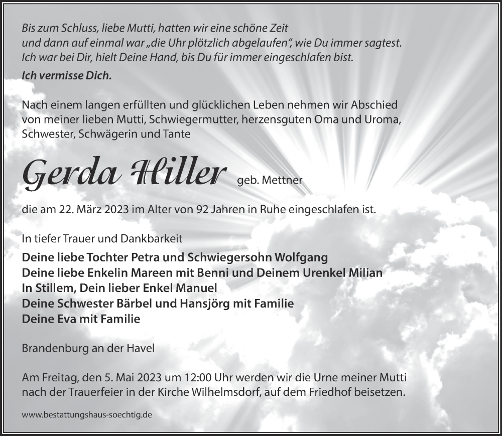 Traueranzeigen von Gerda Hiller Märkische Onlinezeitung Trauerportal