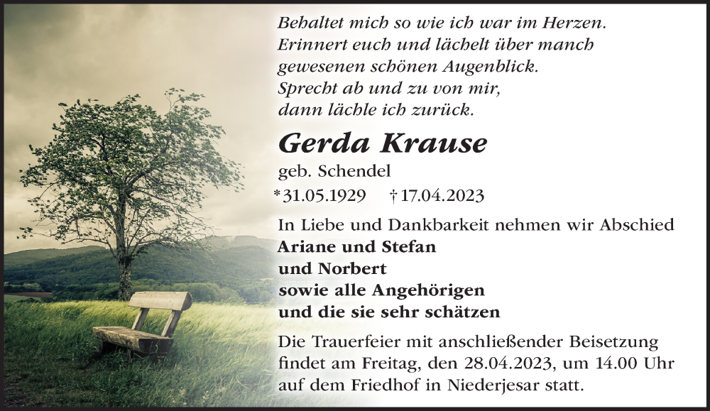 Traueranzeigen Von Gerda Krause M Rkische Onlinezeitung Trauerportal