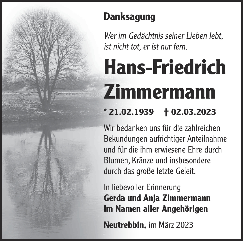 Traueranzeigen von Hans Friedrich Zimmermann Märkische Onlinezeitung