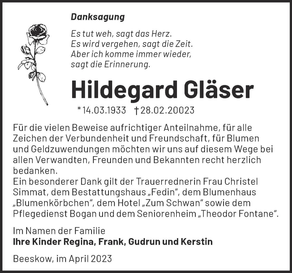 Traueranzeigen Von Hildegard Gl Ser M Rkische Onlinezeitung Trauerportal