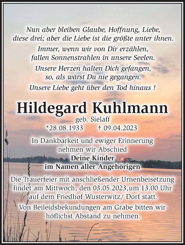 Traueranzeigen Von Hildegard Kuhlmann M Rkische Onlinezeitung