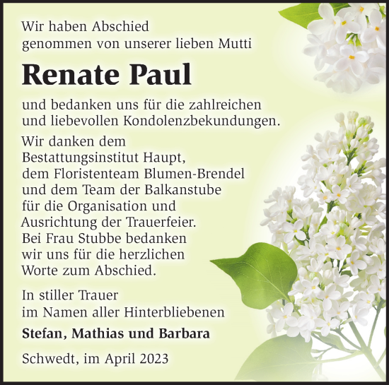 Traueranzeigen Von Renate Paul M Rkische Onlinezeitung Trauerportal