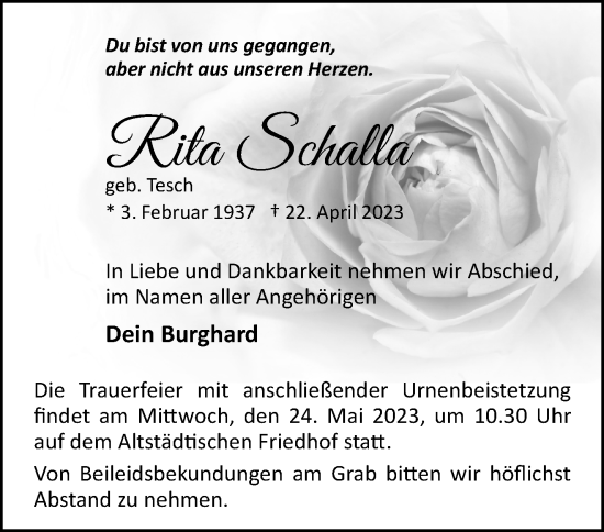 Traueranzeigen von Rita Schalla Märkische Onlinezeitung Trauerportal